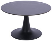 Runder Couchtisch mit schwarzer Marmoroptik-Oberfläche und konischem Fuß, seitliche Perspektive