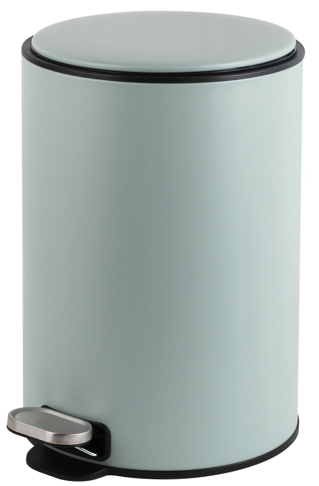 Runder, hellgrauer Abfalleimer mit Pedalmechanismus, seitliche Perspektive