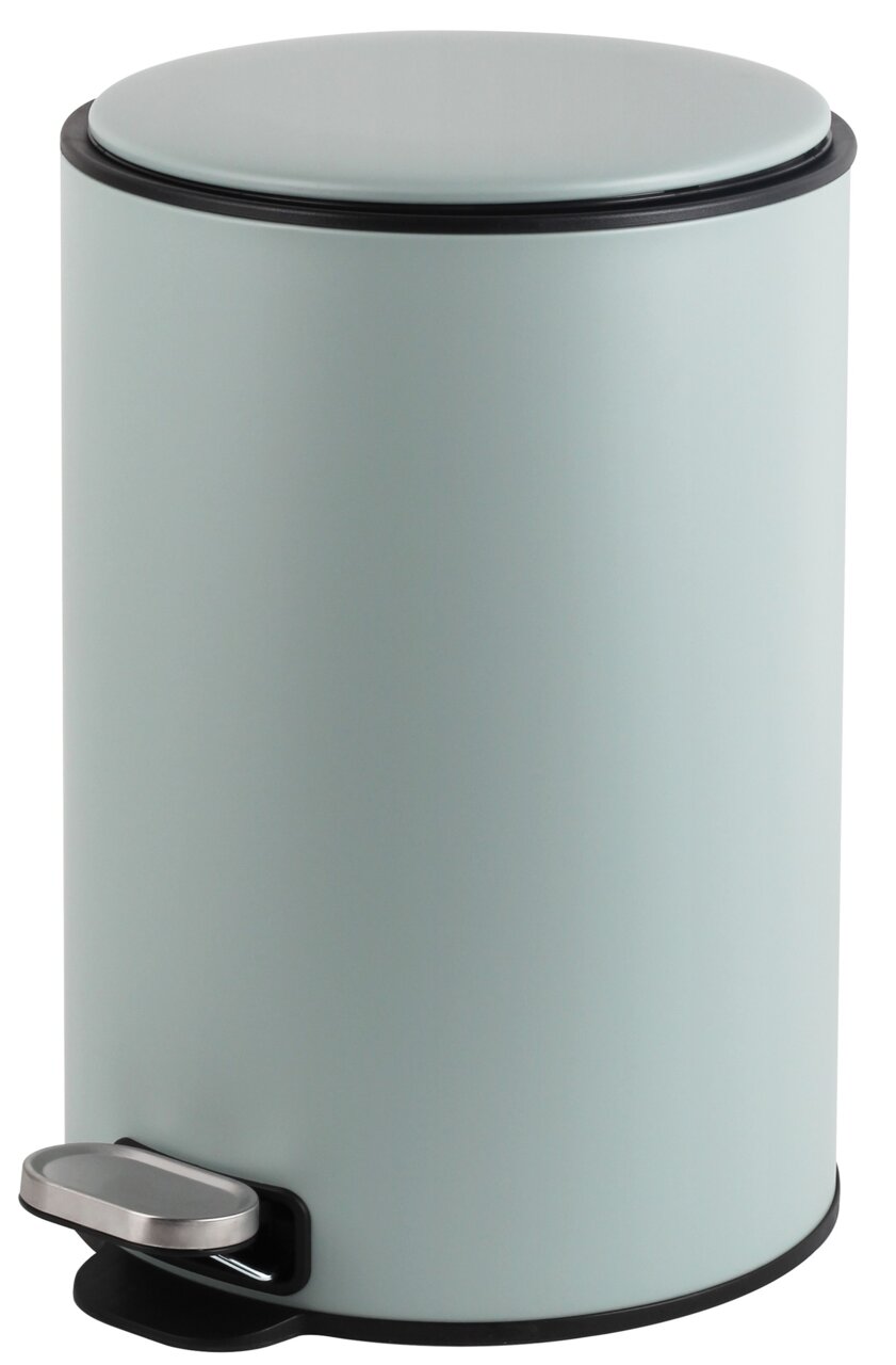 Runder, hellgrauer Abfalleimer mit Pedalmechanismus, seitliche Perspektive