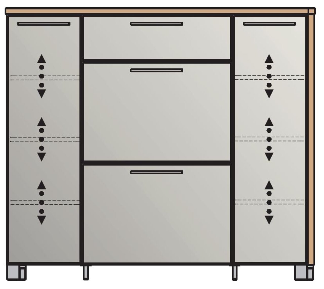 Moderner Schuhschrank mit mehreren Fächern und Schubladen, Frontansicht