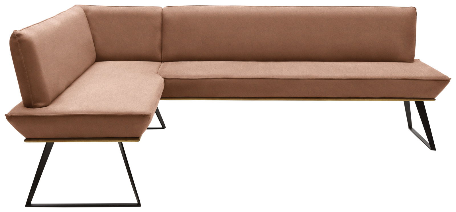 Voleo Eckbank 163x203 cm MALIBU Eckbank in braunem Stoffbezug mit schwarzem Metallgestell, Perspektive von schräg oben.