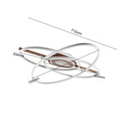 Moderne LED plafondlamp met overlappende witte lichtlussen en bronskleurige balk, met maatvoering 715 mm en 500 mm, schuin van onderen in perspectief weergegeven.