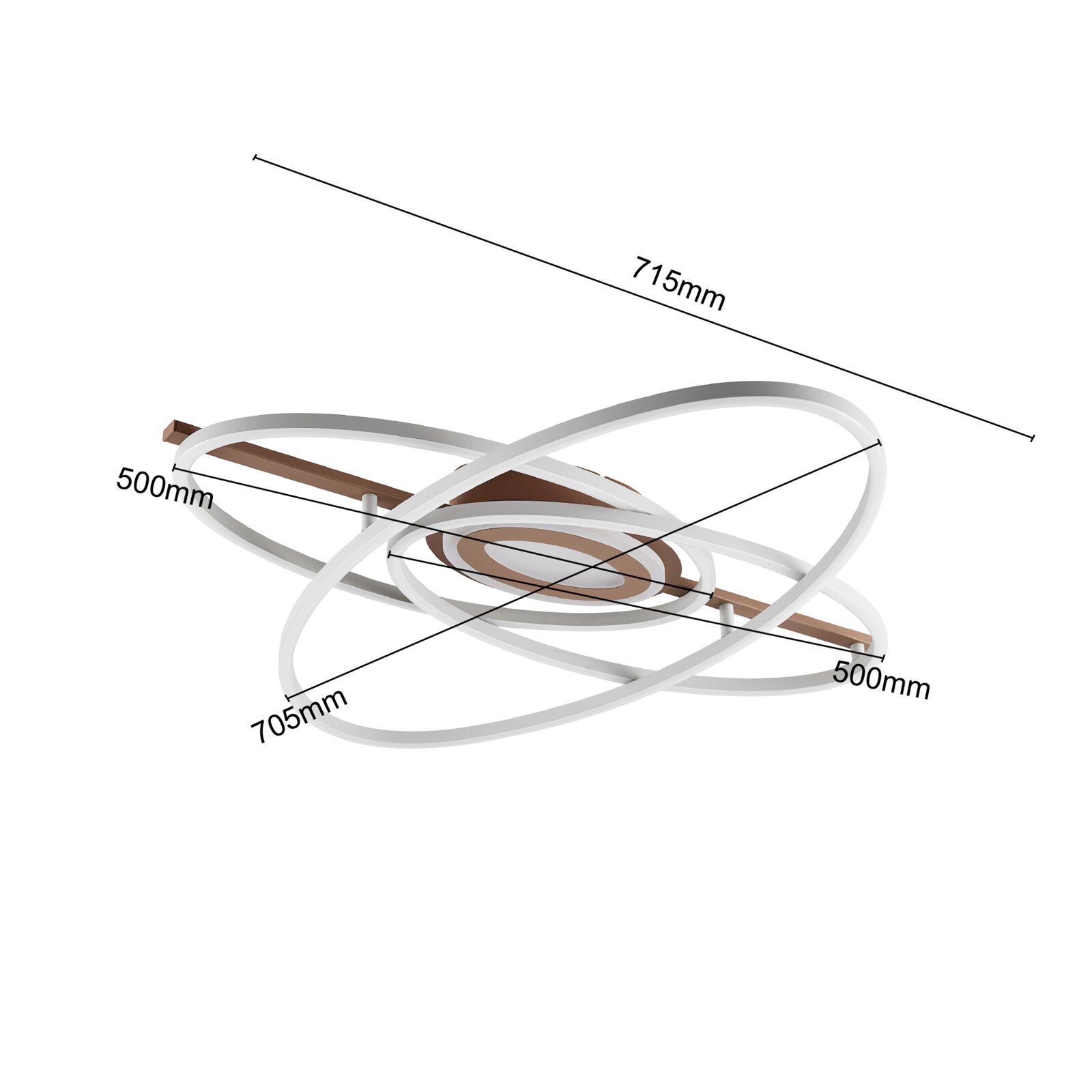Moderne LED plafondlamp met overlappende witte lichtlussen en bronskleurige balk, met maatvoering 715 mm en 500 mm, schuin van onderen in perspectief weergegeven.