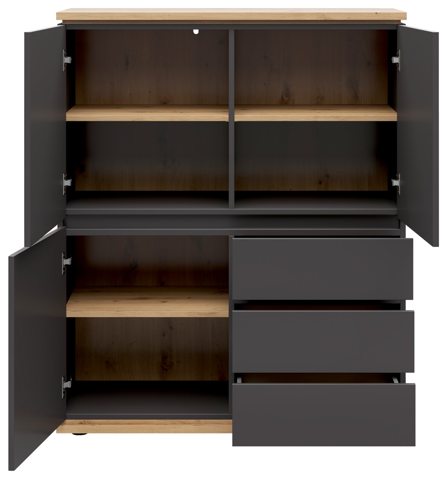 Highboard met open deuren en lades, vooraanzicht