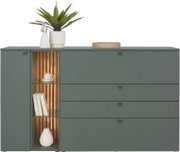 Modernes Sideboard in mattem Grün mit Tür links, offenem Regal mit Glasböden und Holzlamellen sowie vier Schubladen rechts, dekoriert mit Pflanze und Deko; Frontansicht