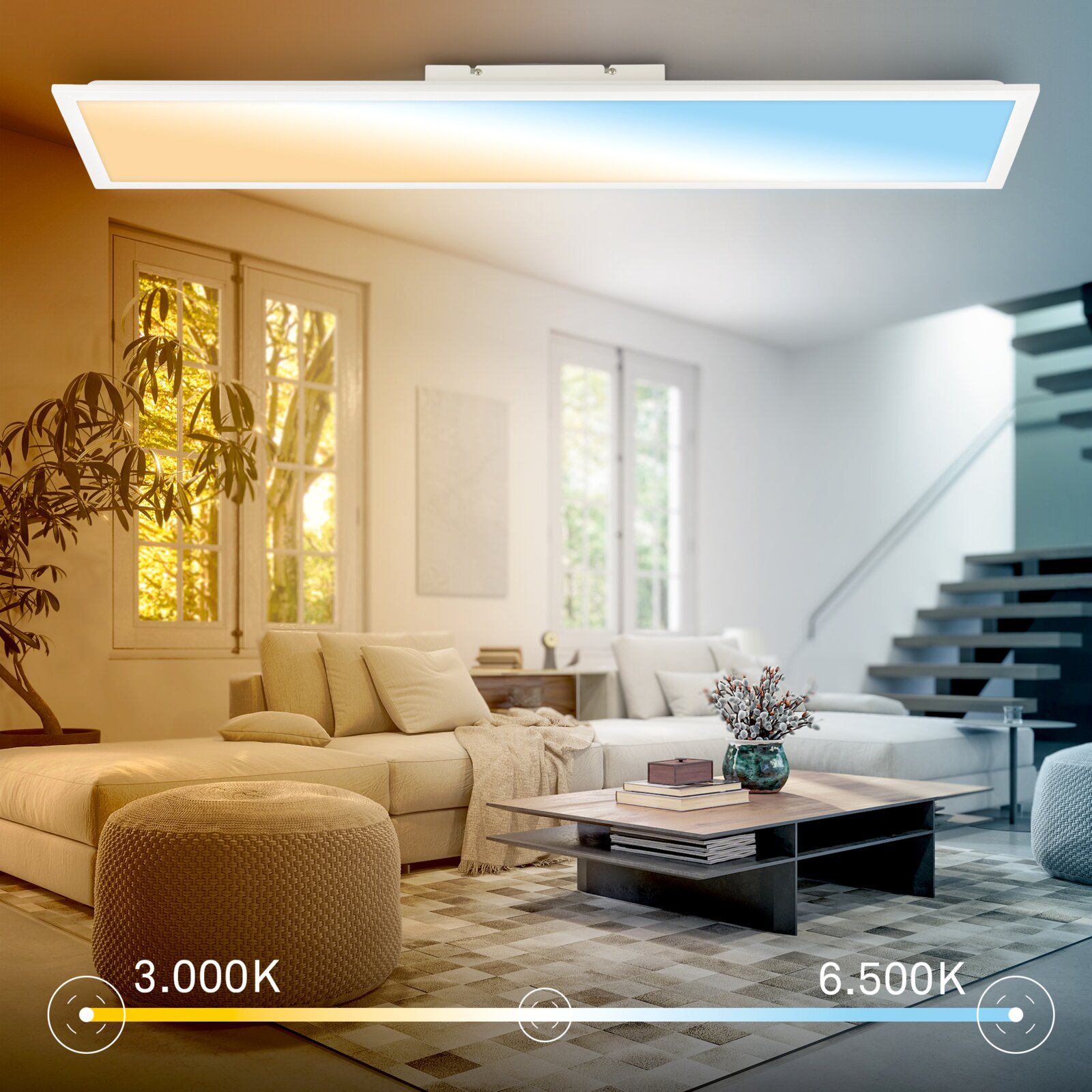 Rechteckige weiße LED-Deckenleuchte mit einstellbarer Farbtemperatur (warmweiß 3000K bis kaltweiß 6500K) in modernem Wohnzimmer, Ansicht von unten/leicht schräg zur Decke