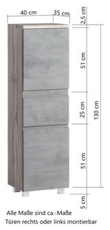 Midischrank in grauer Betonoptik mit Holzseiten, Frontansicht, Maße: 40 cm Breite, 35 cm Tiefe, 130 cm Höhe, Türen rechts oder links montierbar.
