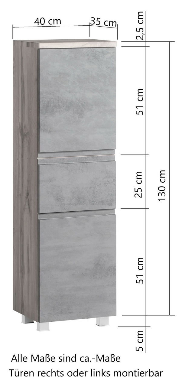 Midischrank in grauer Betonoptik mit Holzseiten, Frontansicht, Maße: 40 cm Breite, 35 cm Tiefe, 130 cm Höhe, Türen rechts oder links montierbar.