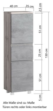 Midischrank in grauer Betonoptik mit Holzseiten, Frontansicht, Maße: 40 cm Breite, 35 cm Tiefe, 130 cm Höhe, Türen rechts oder links montierbar.