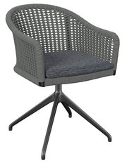 Grauer Armlehnstuhl mit geflochtenem Design und gepolstertem Sitzkissen, seitliche Perspektive