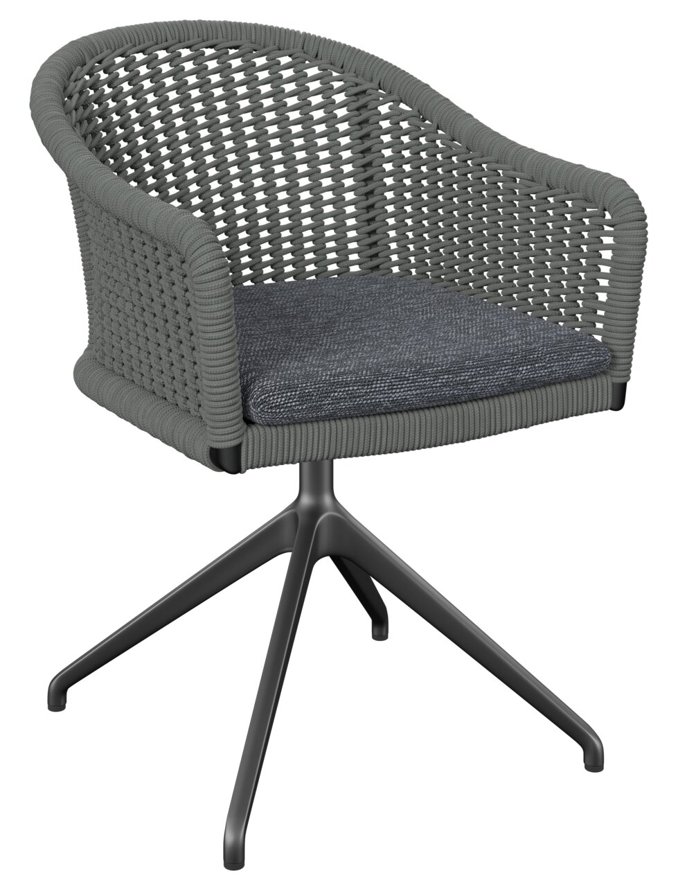 Grauer Armlehnstuhl mit geflochtenem Design und gepolstertem Sitzkissen, seitliche Perspektive