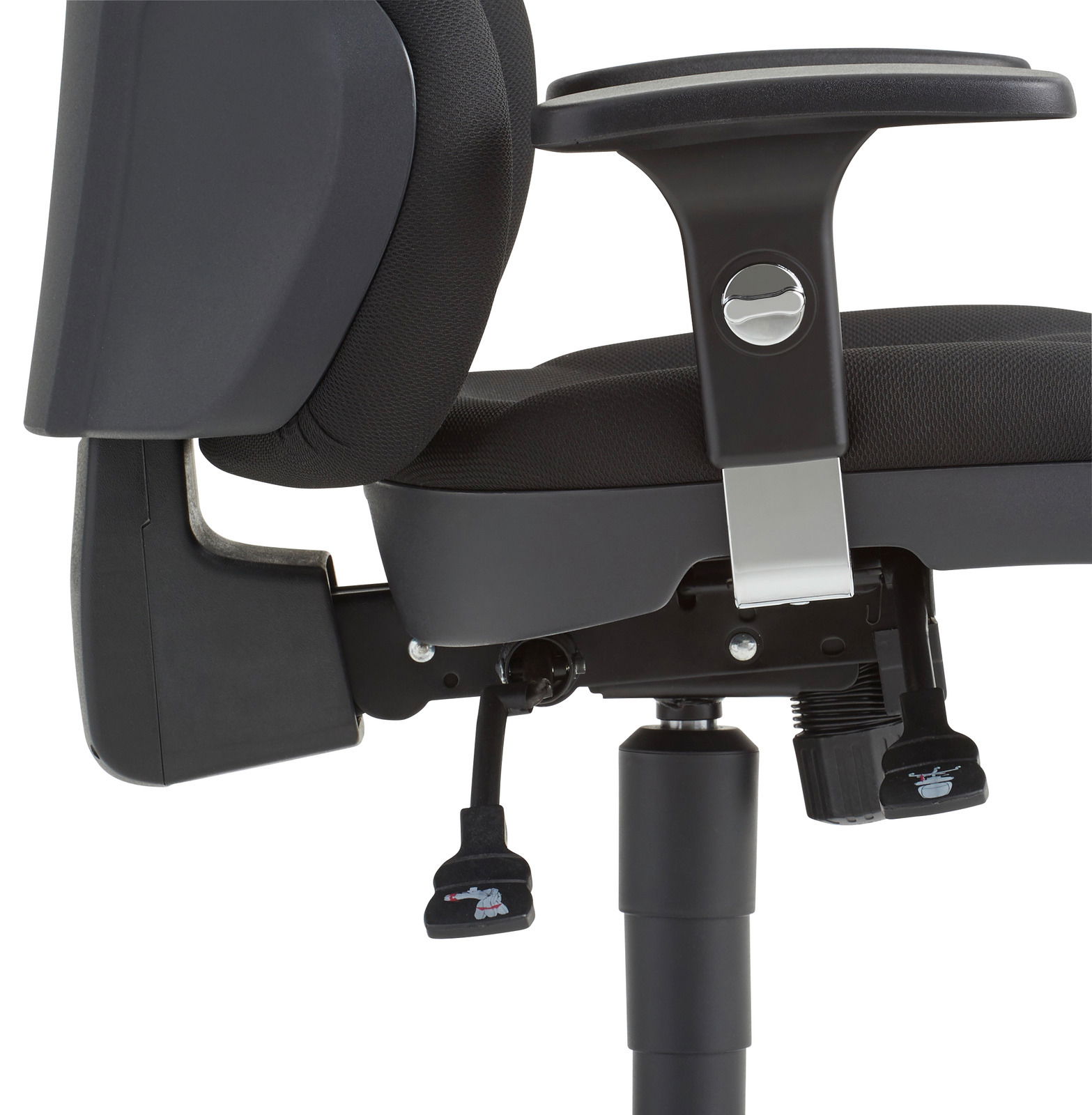 Seitenansicht eines schwarzen Drehsessels mit Armlehne und verstellbarem Mechanismus.