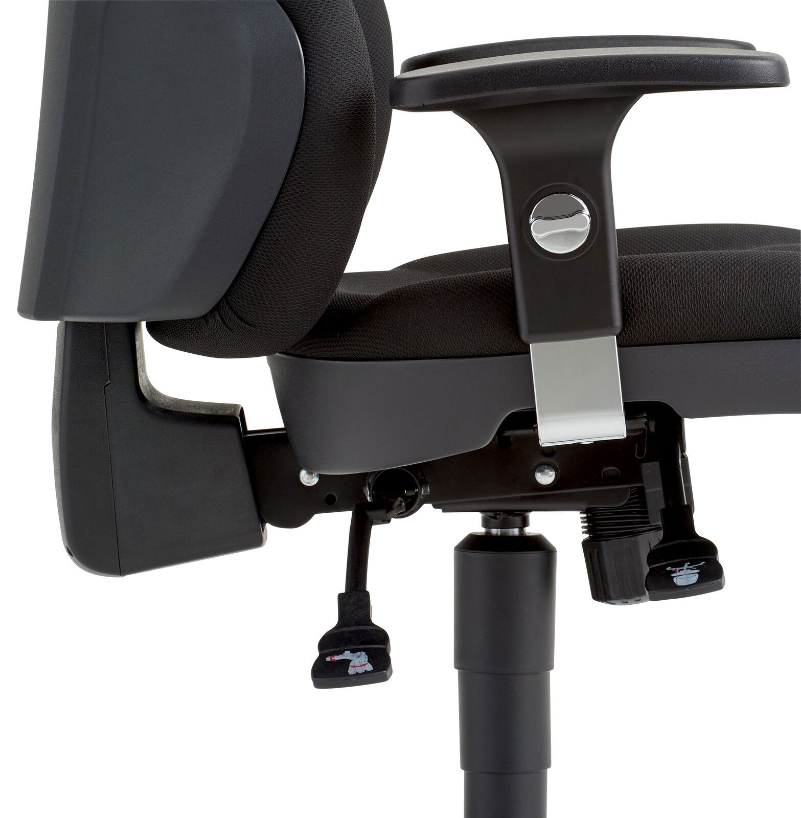 Seitenansicht eines schwarzen Drehsessels mit Armlehne und verstellbarem Mechanismus.