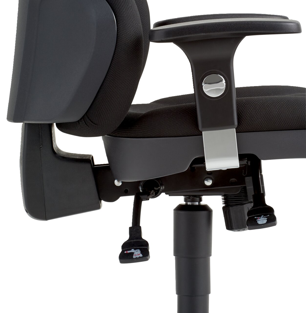 Seitenansicht eines schwarzen Drehsessels mit Armlehne und verstellbarem Mechanismus.