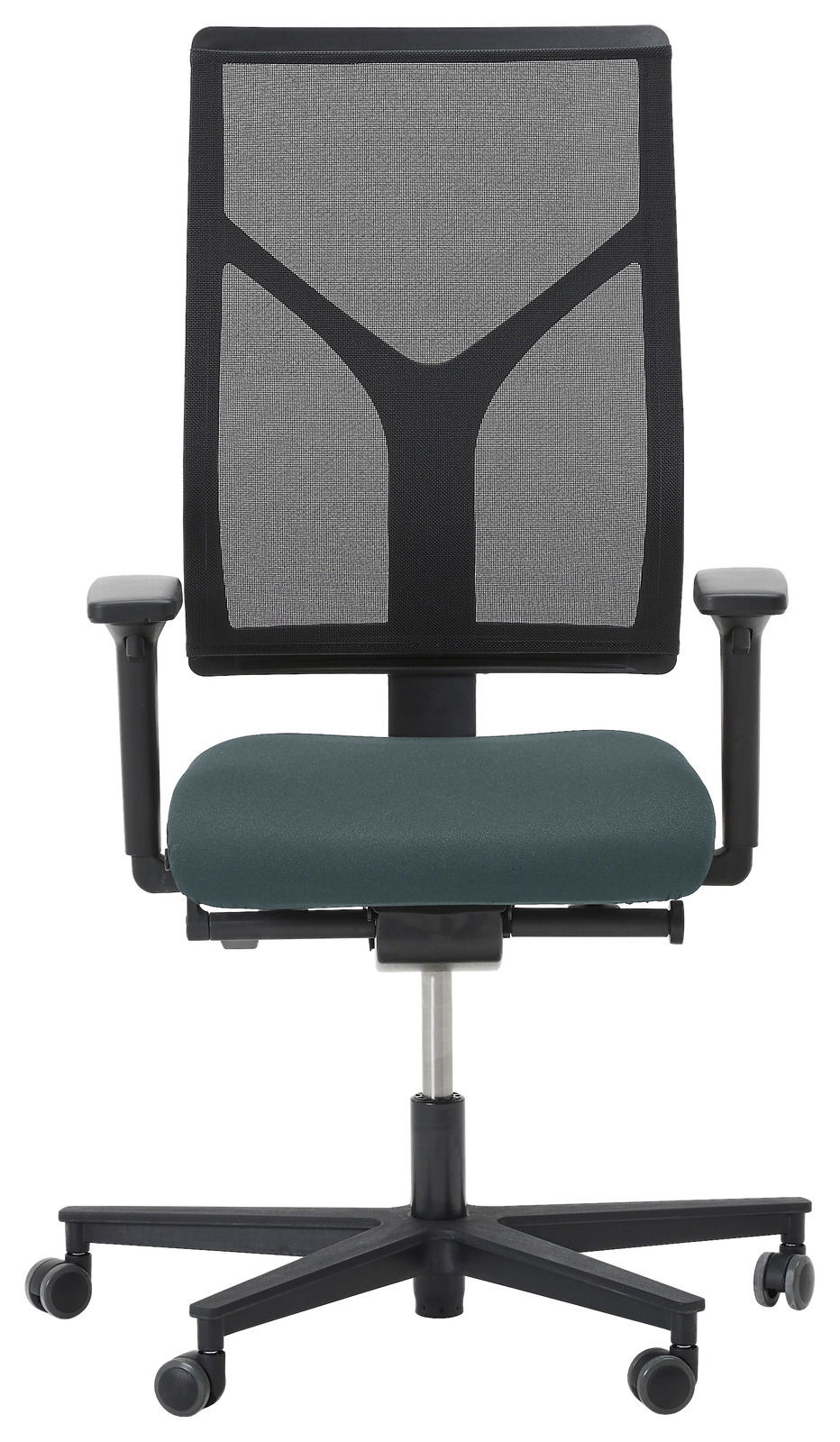 Moderner Drehstuhl mit Netzrückenlehne und gepolstertem Sitz, Frontalansicht