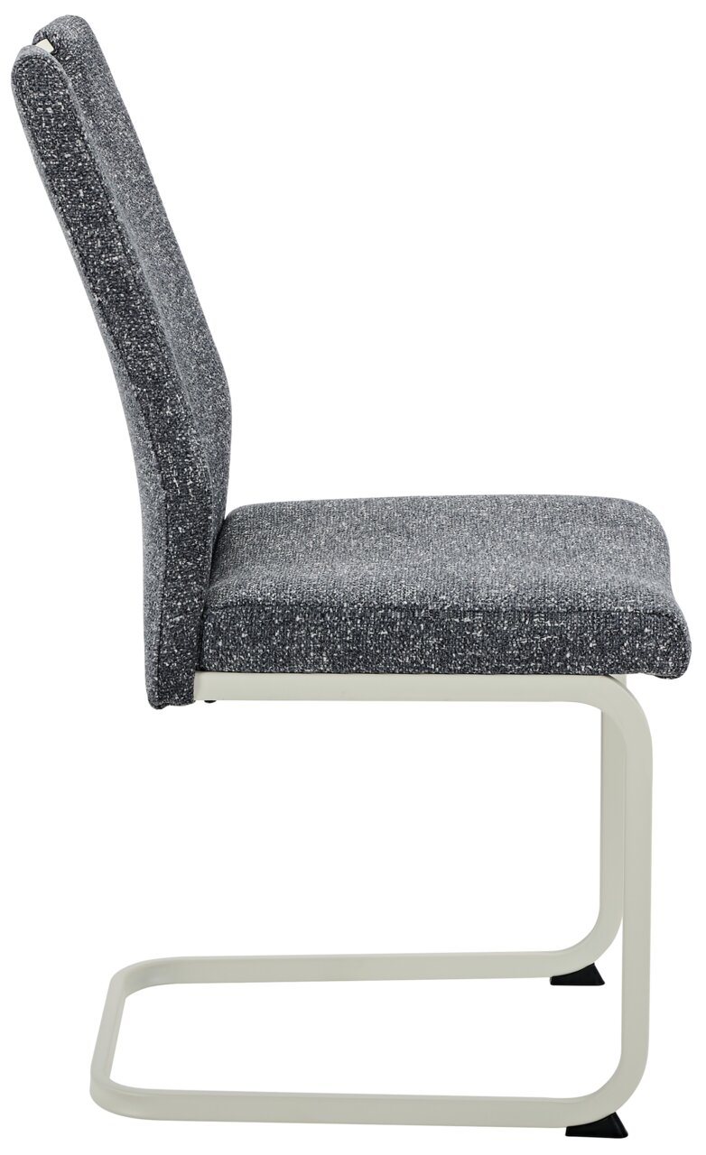 Moderne schommelstoel met grijze stoffen bekleding, zijaanzicht
