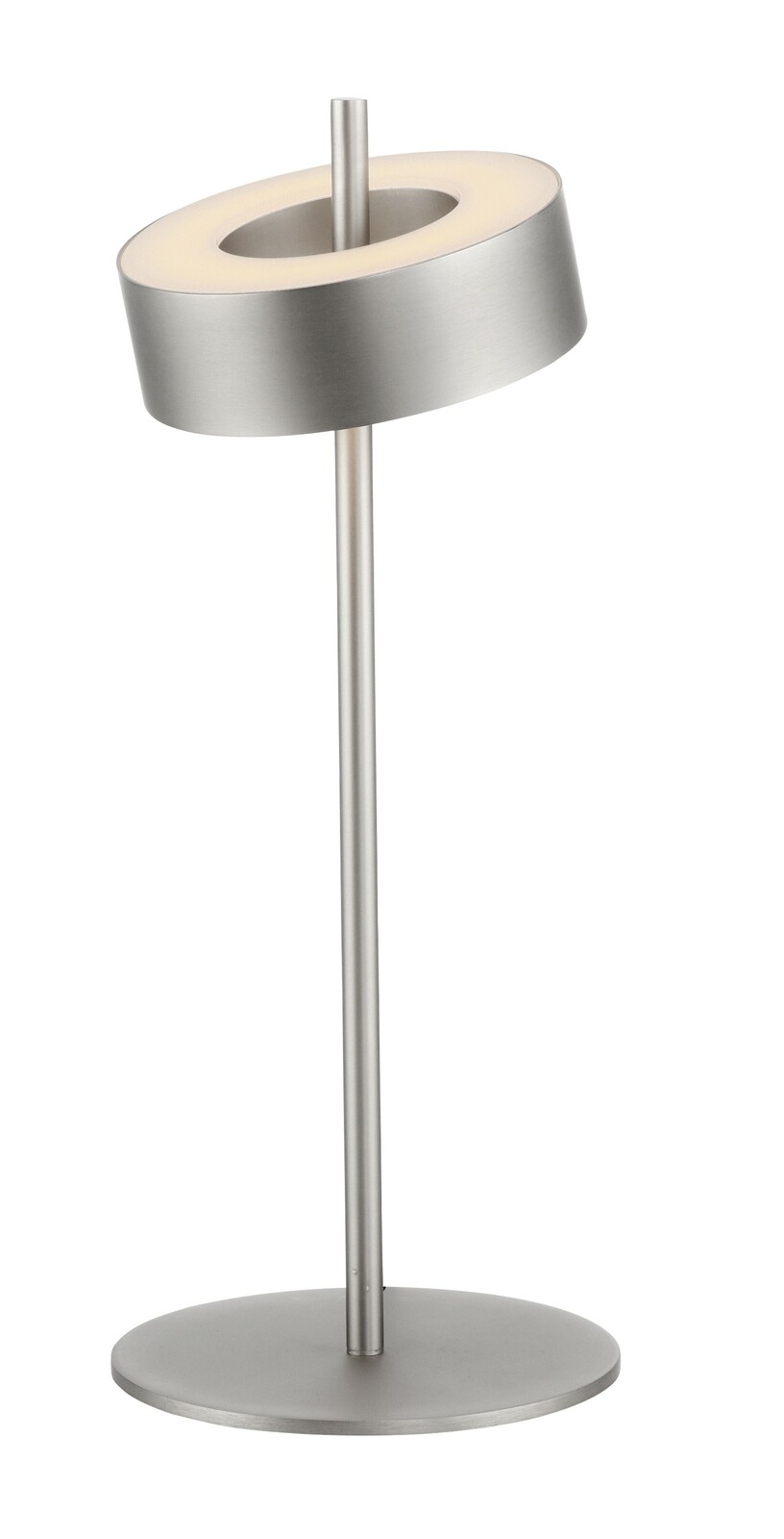 Moderne Tischleuchte Q-ROTATE aus gebürstetem Metall mit schwenkbarem, ringförmigem Leuchtkopf, seitliche Perspektive