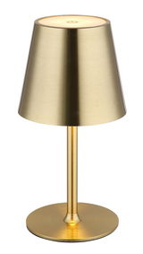 Goldene Tischleuchte VANNIE aus Metall, frontal abgebildet.