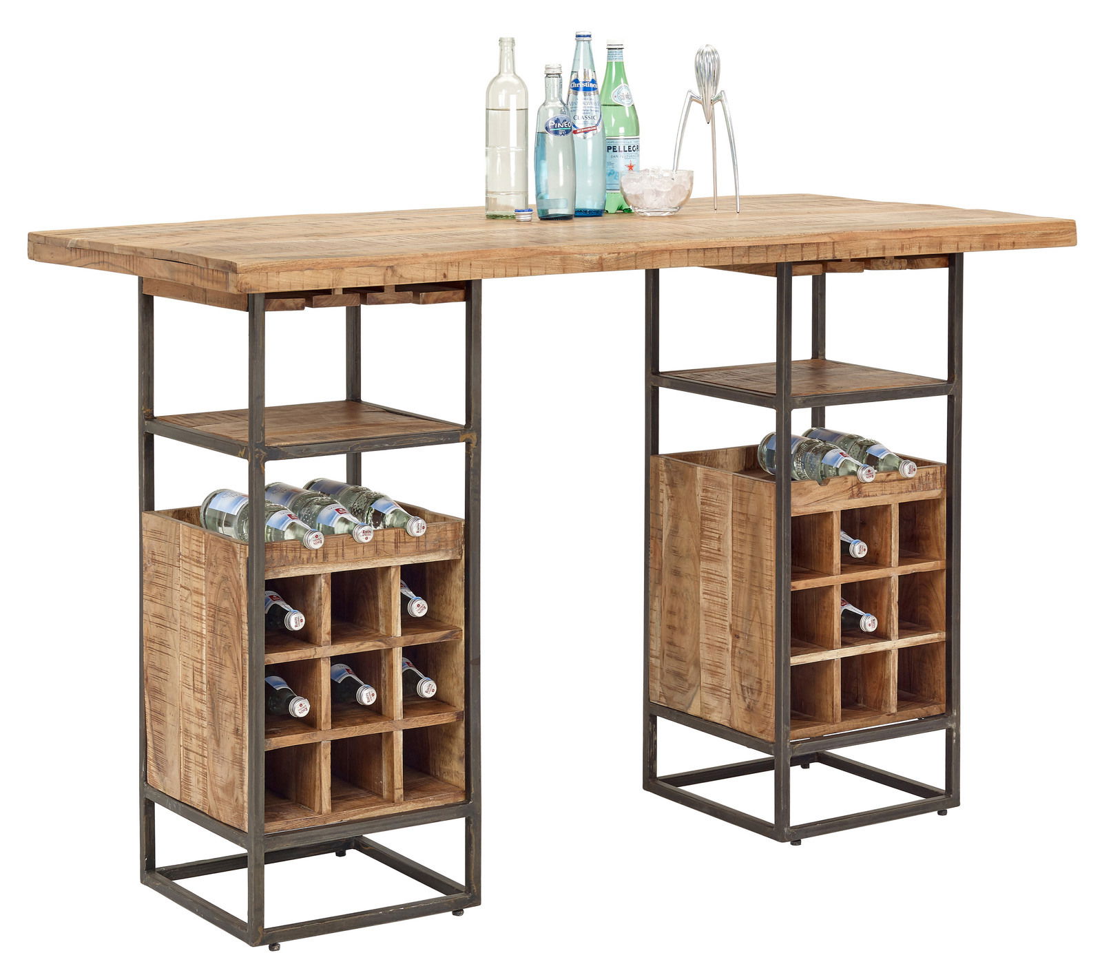 Holzbar mit Metallrahmen, Flaschenregalen und Ablagefläche, seitliche Perspektive
