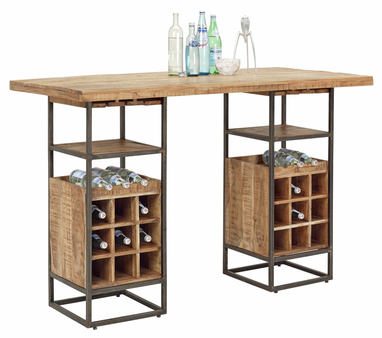 Holzbar mit Metallrahmen, Flaschenregalen und Ablagefläche, seitliche Perspektive