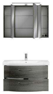 Badezimmermöbel-Set mit Spiegelschrank und Waschbeckenunterschrank in Holzoptik, Frontalansicht