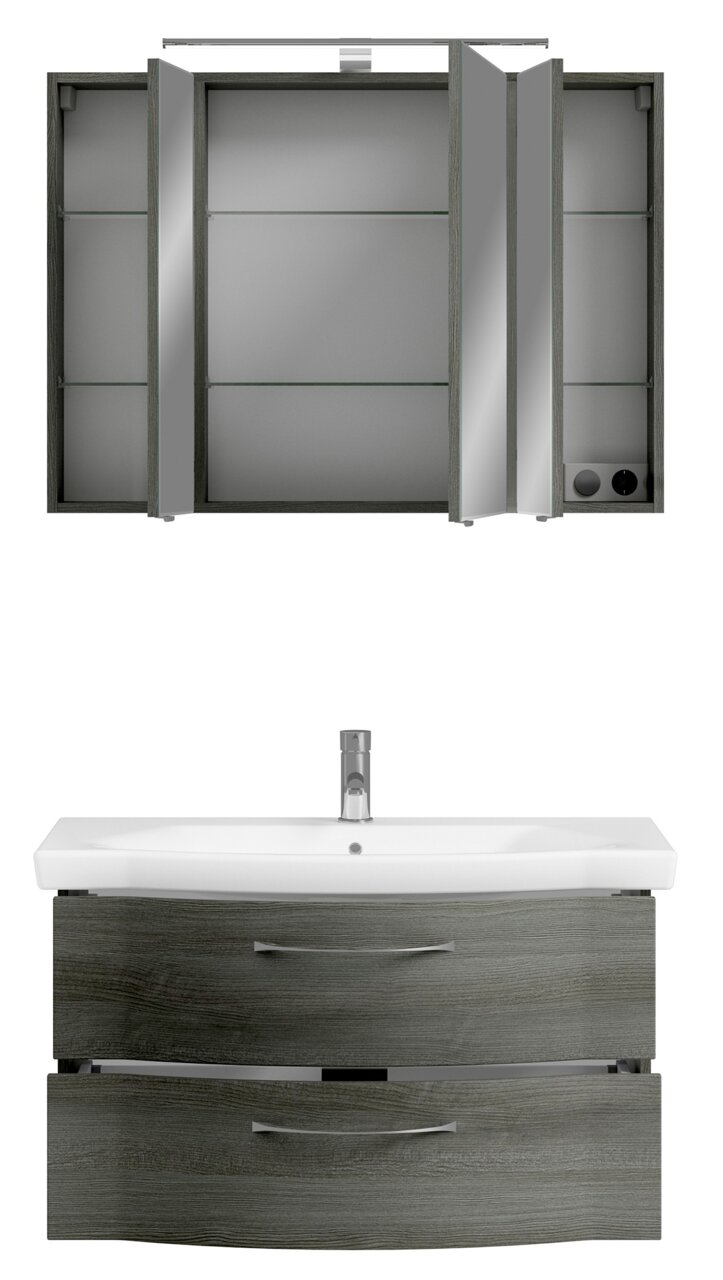 Badezimmermöbel-Set mit Spiegelschrank und Waschbeckenunterschrank in Holzoptik, Frontalansicht
