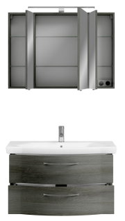 Badezimmermöbel-Set mit Spiegelschrank und Waschbeckenunterschrank in Holzoptik, Frontalansicht