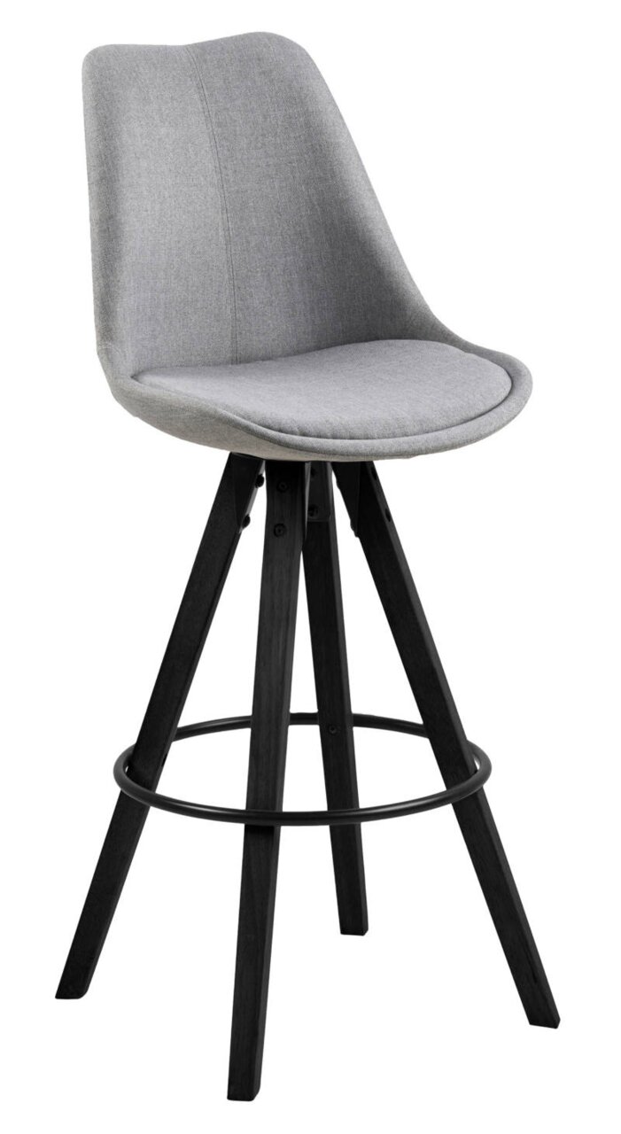 Grauer Barhocker mit gepolsterter Sitzfläche und schwarzem Holzgestell, seitliche Perspektive