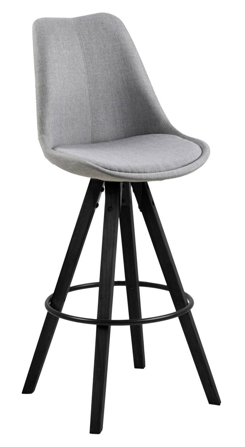 Grauer Barhocker mit gepolsterter Sitzfläche und schwarzem Holzgestell, seitliche Perspektive