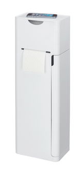 Weiße 6-in-1 Stand WC-Garnitur mit integriertem Toilettenpapierhalter und Ablagefläche, seitliche Perspektive