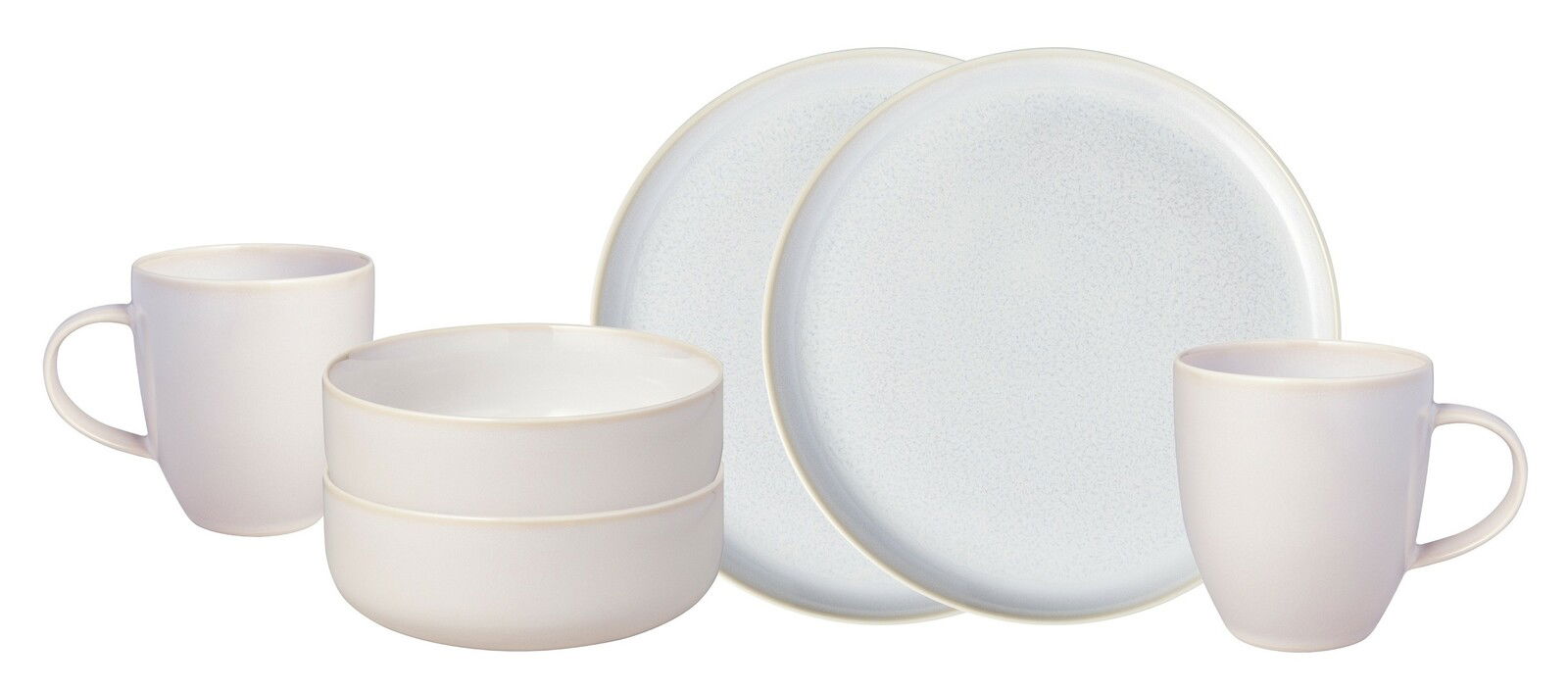 Like by Villeroy & Boch Frühstücksset 6-tlg. CRAFTED COTTON Frontalansicht eines sechsteiligen Frühstückssets mit zwei Tassen, zwei Schalen und zwei Tellern in schlichtem, weißem Design.