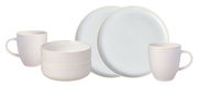 Frontalansicht eines sechsteiligen Frühstückssets mit zwei Tassen, zwei Schalen und zwei Tellern in schlichtem, weißem Design.