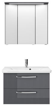 Moderner Badblock mit Spiegelschrank und Waschbecken, Frontalansicht