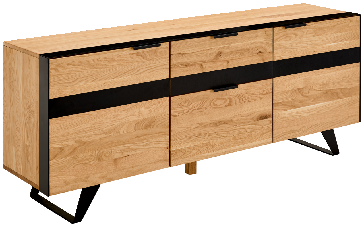 TV-Lowboard aus hellem Holz mit schwarzen Akzenten, seitliche Perspektive