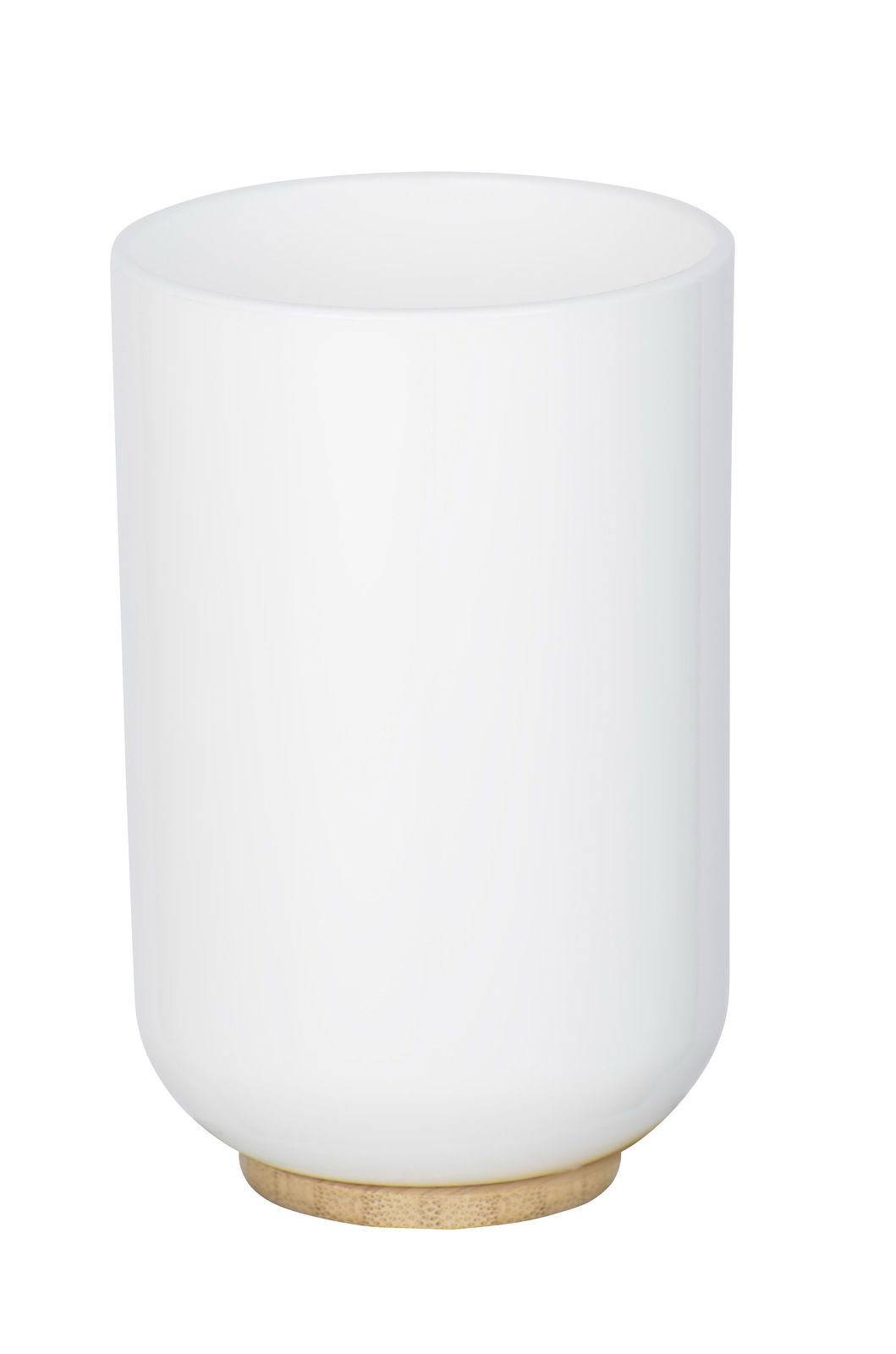 Weißer Zahnputzbecher Posa mit Holzfuß, seitliche Perspektive