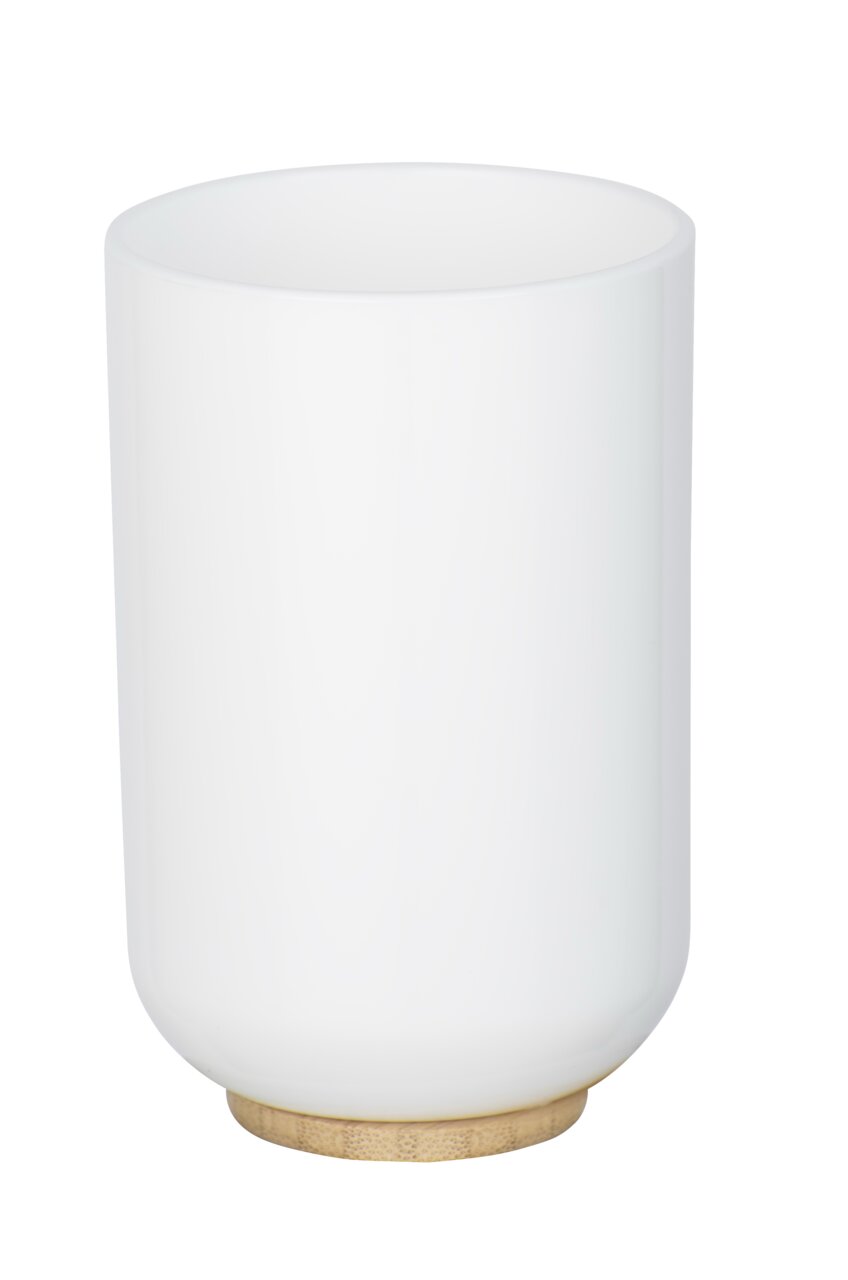 Weißer Zahnputzbecher Posa mit Holzfuß, seitliche Perspektive