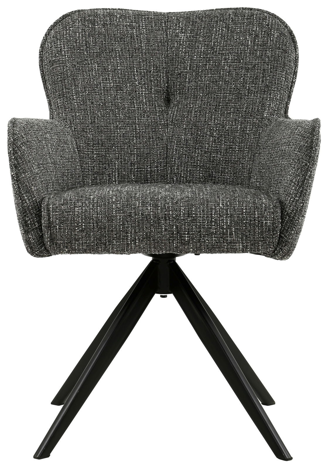 Grauer Armlehnstuhl mit schwarzem Metallgestell, Frontalansicht