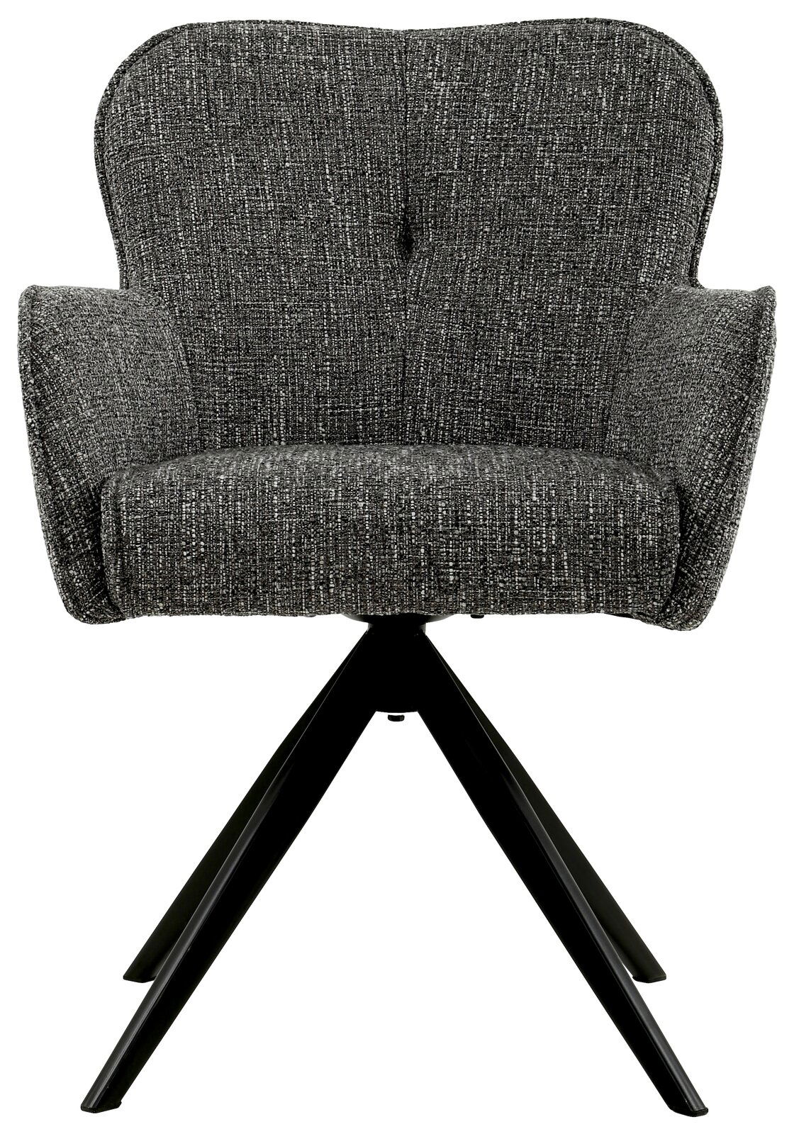 Grauer Armlehnstuhl mit schwarzem Metallgestell, Frontalansicht