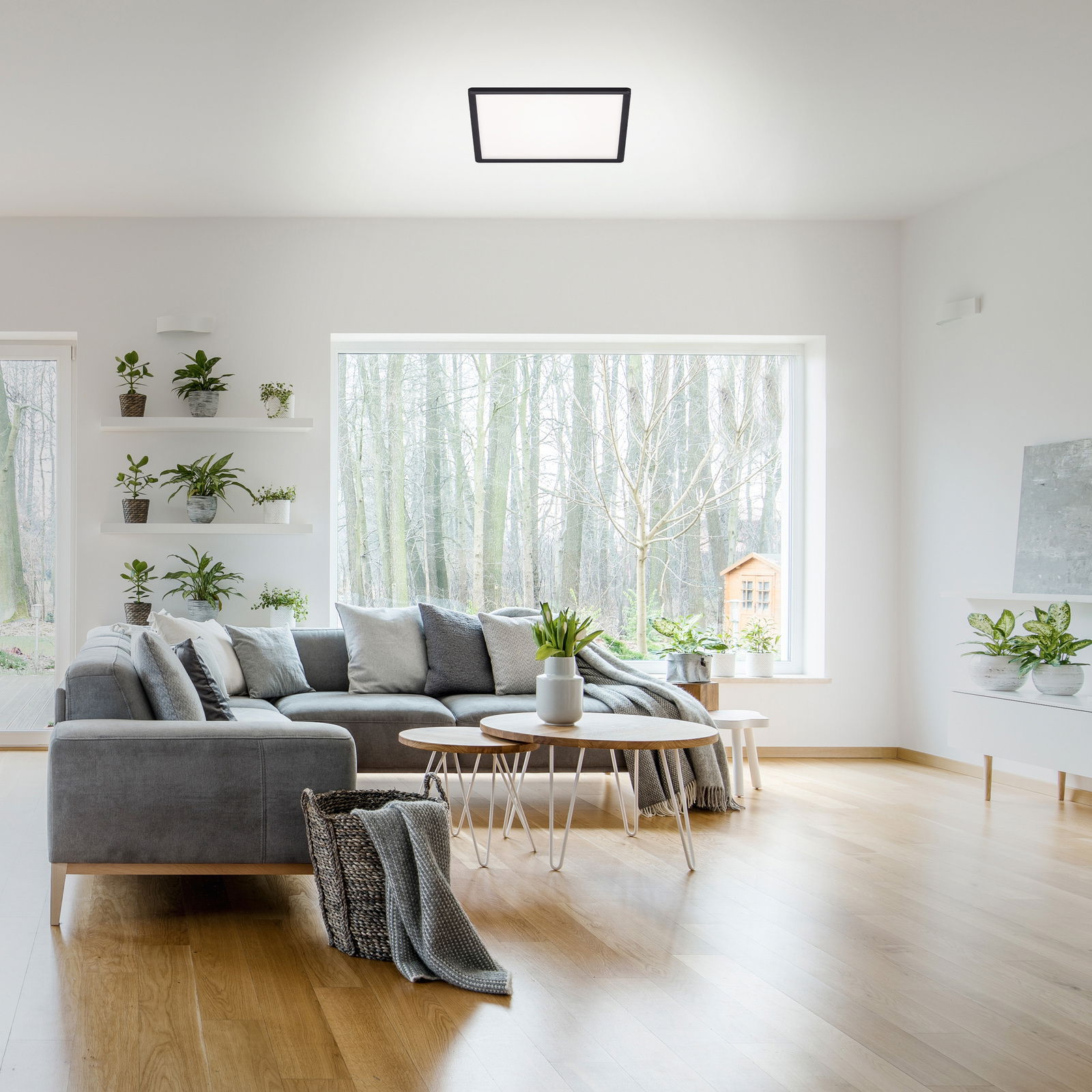Moderne LED-Deckenleuchte in einem stilvollen Wohnzimmer, aus der Perspektive von unten betrachtet.