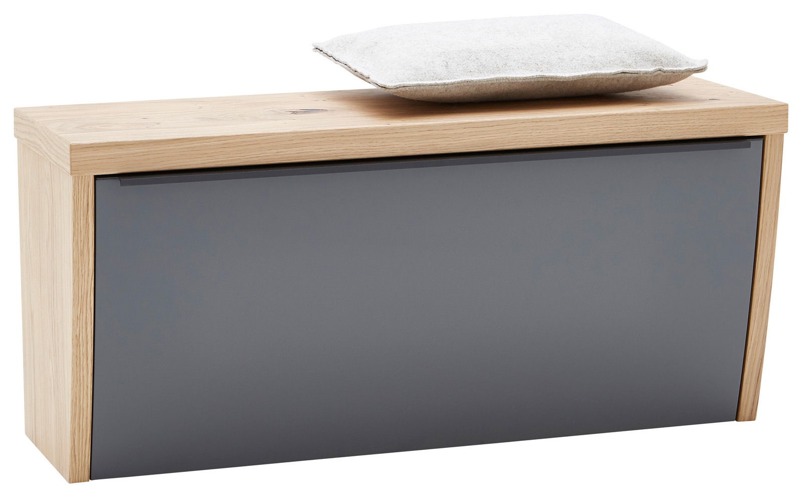 Dieter Knoll Hängeunterschrank ARCO TREND Moderner Hängeunterschrank mit Holzrahmen und grauer Front, seitliche Perspektive, mit Kissen auf der Oberseite.