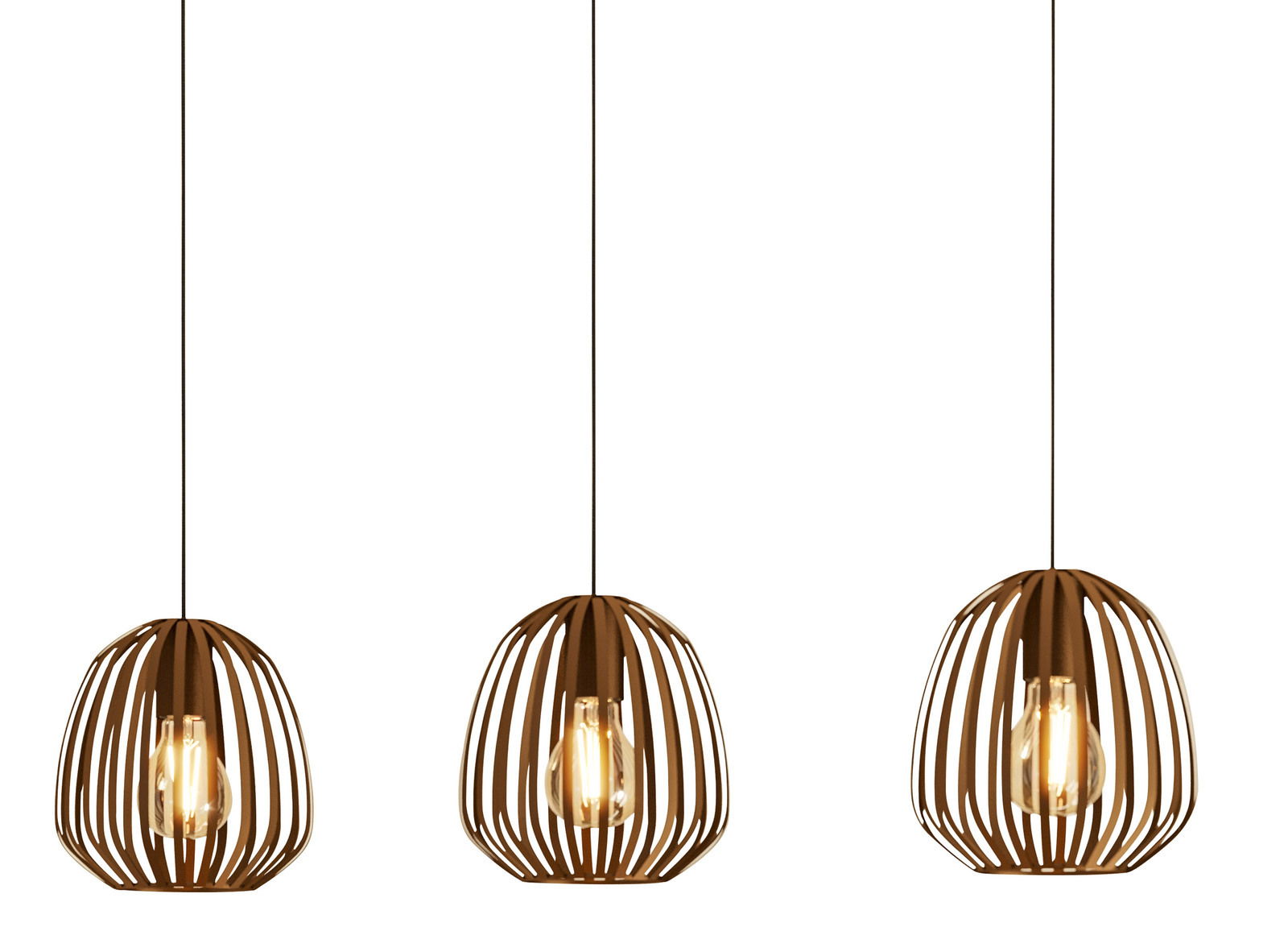 Drei moderne Pendelleuchten aus Holz mit offenen, käfigartigen Schirmen, die von der Decke hängen. Frontalansicht.