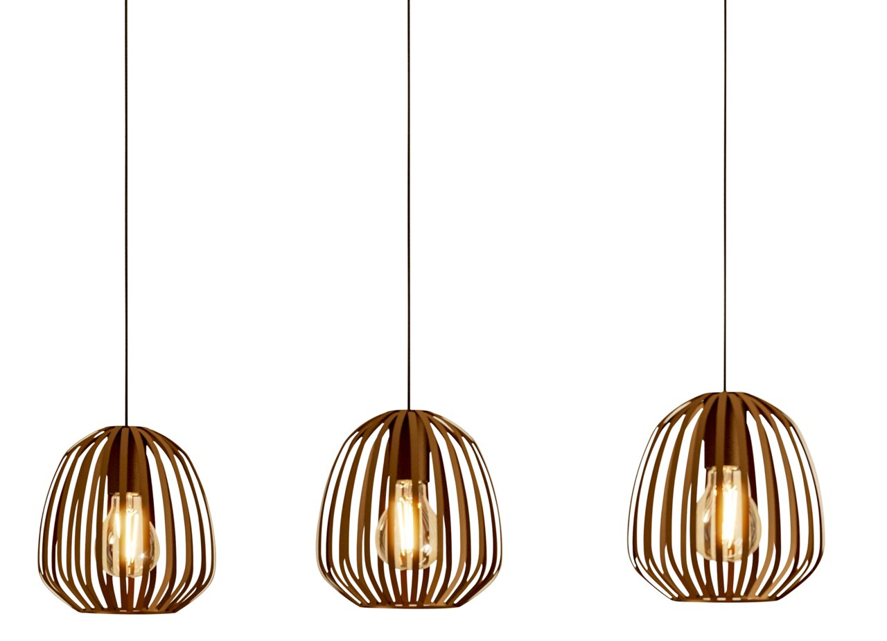 Drei moderne Pendelleuchten aus Holz mit offenen, käfigartigen Schirmen, die von der Decke hängen. Frontalansicht.