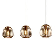 Drei moderne Pendelleuchten aus Holz mit offenen, käfigartigen Schirmen, die von der Decke hängen. Frontalansicht.
