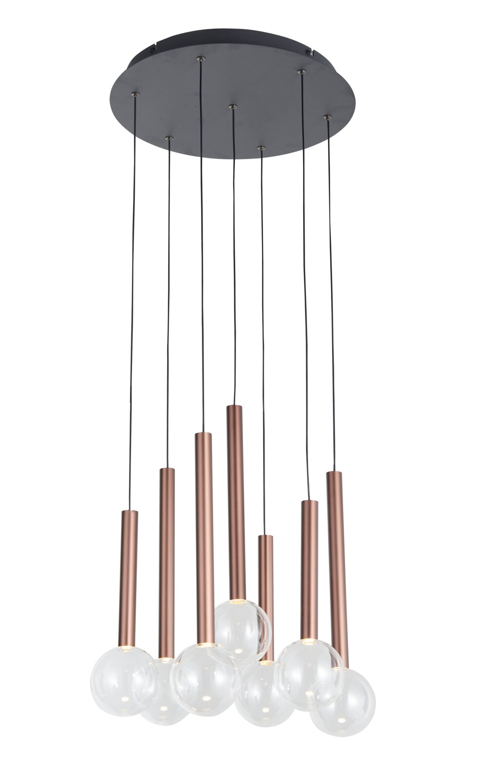 Moderne LED-Hängeleuchte mit mehreren hängenden Glaskugeln und bronzefarbenen Zylindern, Ansicht von unten.