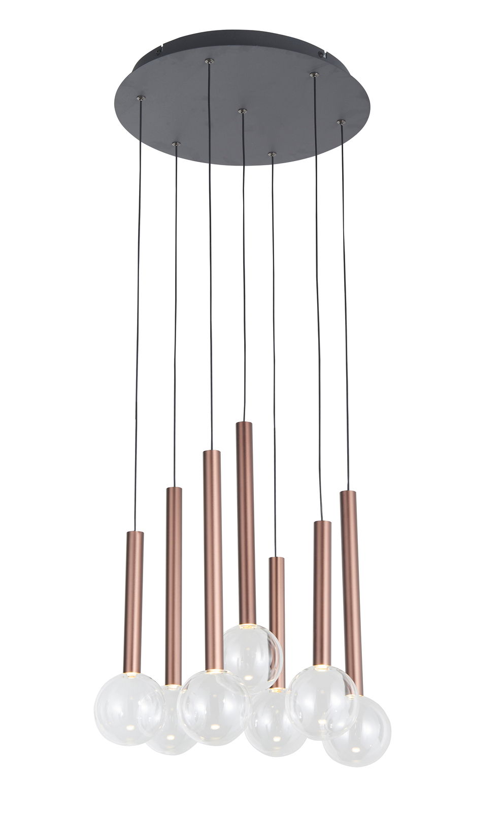 Moderne LED-Hängeleuchte mit mehreren hängenden Glaskugeln und bronzefarbenen Zylindern, Ansicht von unten.