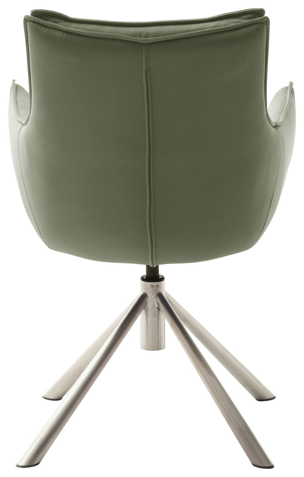 Rückansicht eines grünen Sessels mit Metallfußgestell