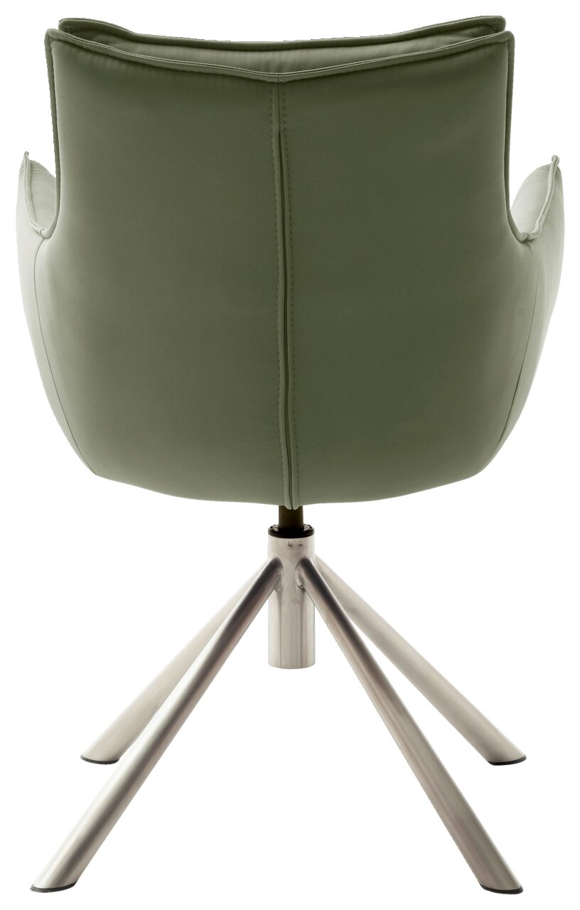 Rückansicht eines grünen Sessels mit Metallfußgestell