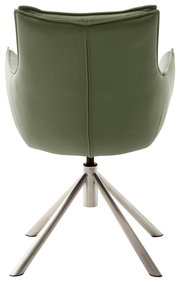 Rückansicht eines grünen Sessels mit Metallfußgestell