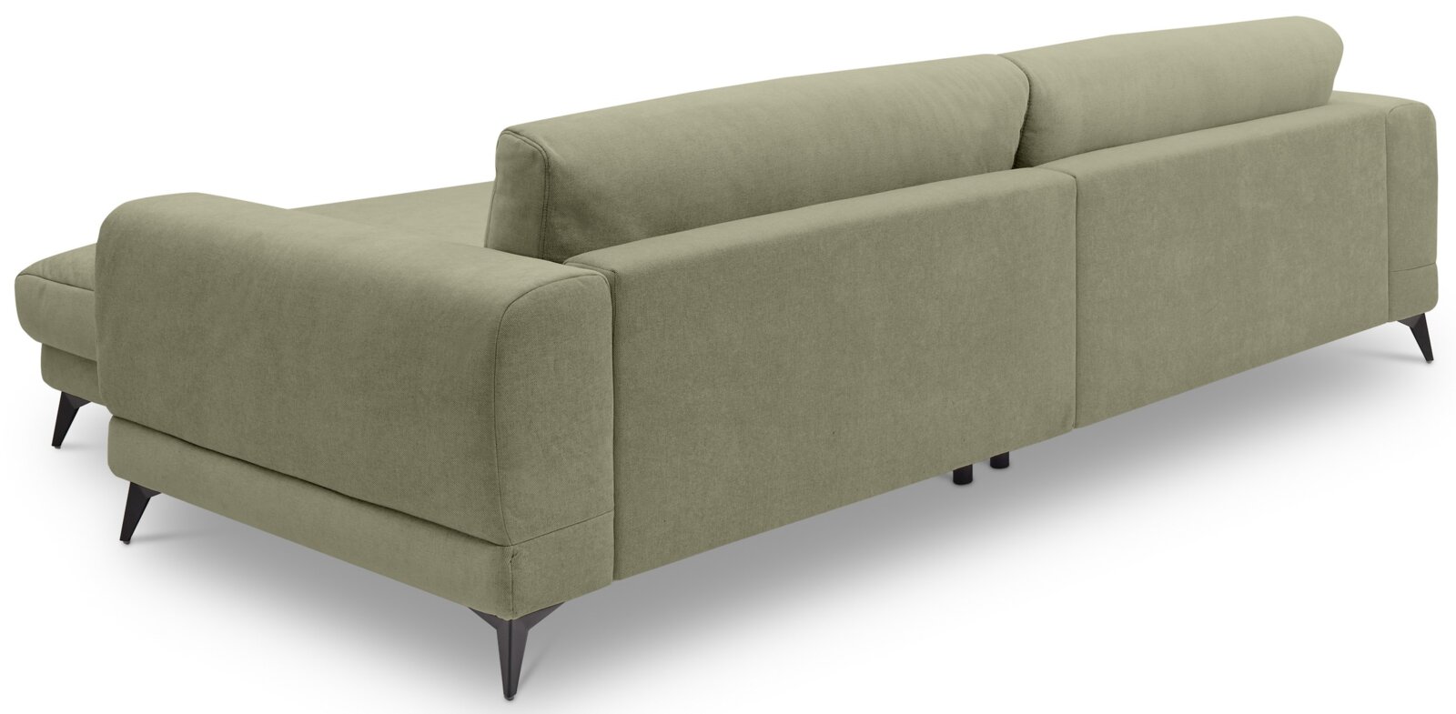 Olivgrünes Stoffsofa mit Chaise links und schwarzen konischen Füßen, Ansicht schräg von hinten rechts