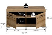 Sitzbank aus Holz mit zwei offenen Türen, zwei Fächern und Maßen: 90 cm Breite, 44 cm Höhe, 40 cm Tiefe. Belastbarkeit: 95 kg oben, 2 kg pro Fach. Frontale Perspektive.